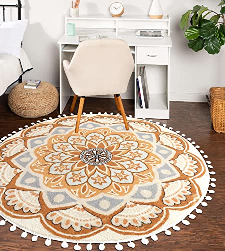 Uphome Round Rug 4ft Yellow Circle Boho Rug with Pom Pom Fringe Non-Slip Washable Living Room Rug Soft Cute Blooming Mandala Throw Rug for Kid's Room Bedroom Entryway Nursery