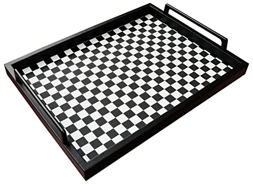 MCBZ Living Room Bedroom Decorative Tray, Coffee Table Kitchen Serving Tray, PU Leather Tray with Metal Handle 16.5 x 12.6 inches (Black and White Grid)