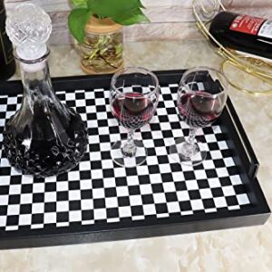 MCBZ Living Room Bedroom Decorative Tray, Coffee Table Kitchen Serving Tray, PU Leather Tray with Metal Handle 16.5 x 12.6 inches (Black and White Grid)