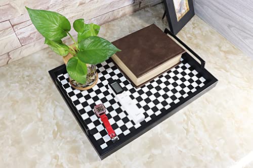 MCBZ Living Room Bedroom Decorative Tray, Coffee Table Kitchen Serving Tray, PU Leather Tray with Metal Handle 16.5 x 12.6 inches (Black and White Grid)