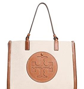 Tory Burch Women's Ella Canvas Small Tote, Natural/Classic Cuoio, Off White, One Size