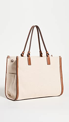 Tory Burch Women's Ella Canvas Small Tote, Natural/Classic Cuoio, Off White, One Size