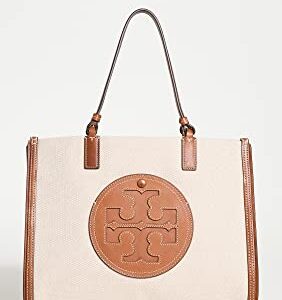 Tory Burch Women's Ella Canvas Small Tote, Natural/Classic Cuoio, Off White, One Size