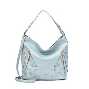 mellow world monserrat floral studded slouchy motor style hobo handbag for women with removable strap,seafoam
