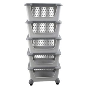 morcte 5-pack plastic stackable storage basket with lids, stacking organizer basket with wheels, gray