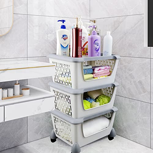 Morcte 5-Pack Plastic Stackable Storage Basket with Lids, Stacking Organizer Basket with Wheels, Gray