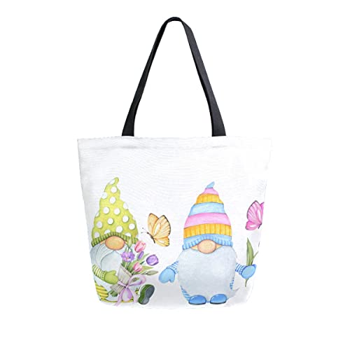 Cute Flowers Gnomes Large Canvas Shoulder Tote Top Storage Handle Bag for Gym Beach Travel Shopping