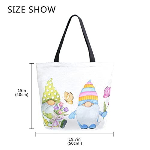 Cute Flowers Gnomes Large Canvas Shoulder Tote Top Storage Handle Bag for Gym Beach Travel Shopping