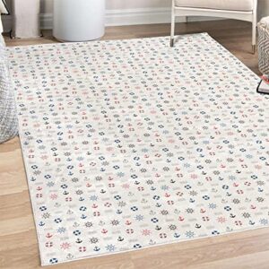 ambesonne nautical decorative area rug, marine elements featured life anchor compass sea waves theme, quality carpet for bedroom dorm living room, 4′ x 5′ 5″, blue and red