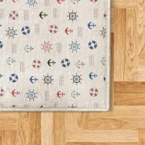Ambesonne Nautical Decorative Area Rug, Marine Elements Featured Life Anchor Compass Sea Waves Theme, Quality Carpet for Bedroom Dorm Living Room, 4' X 5' 5", Blue and Red