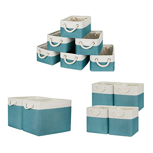 Temary Collapsible Storage Cubes Fabric Storage Baskets Decorative Baskets for Gifts Empty (White&Teal, 6Pack-11.8Lx7.9Wx5.3H ", 2Pack-16Lx12Wx12H ", 4Pack-12Lx12Wx12H ")