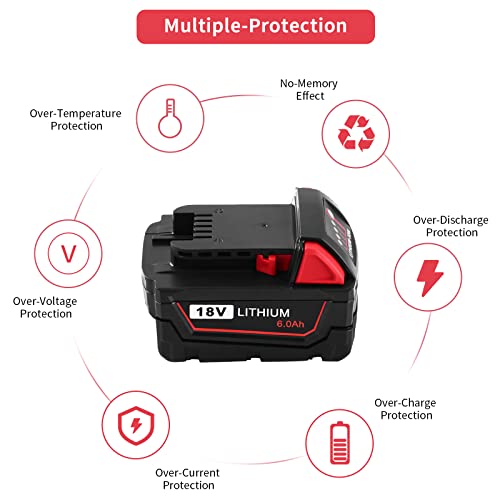 2 Pack 6.0Ah Replacement for Milwaukee 18V Battery Compatible with Milwaukee 18 Volt XC 48-11-1820 48-11-1850 48-11-1815 48-11-1852 48-11-1822 48-11-1828 48-11-10 48-11-1811 48-11-1840