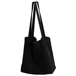 vijiv corduroy tote bag aesthetic, women canvas tote bag large capacity hippie tote bag shoulder handbags with pockets black