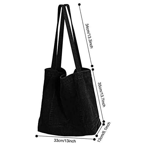 VIJIV Corduroy Tote Bag Aesthetic, Women Canvas Tote Bag Large Capacity Hippie Tote Bag Shoulder Handbags with Pockets Black