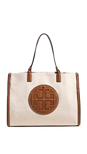 Tory Burch Women's Ella Canvas Tote, Natural/Classi Cuoio, Off White, Brown, One Size