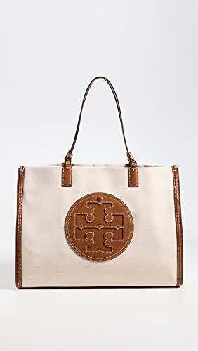 Tory Burch Women's Ella Canvas Tote, Natural/Classi Cuoio, Off White, Brown, One Size