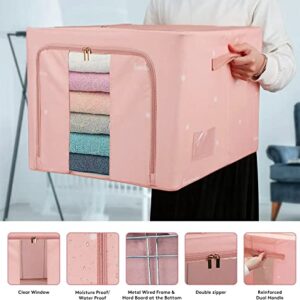 Clothes Storage Bag Organizer,2 Packs 19.7" x 15.7" x 12.9" Large Capacity Clear Window Fabric Storage Bins with Dual Handles for Bedroom, Nursery, Office, Furniture Units,Foldable with Sturdy Zipper(Pink,66L)