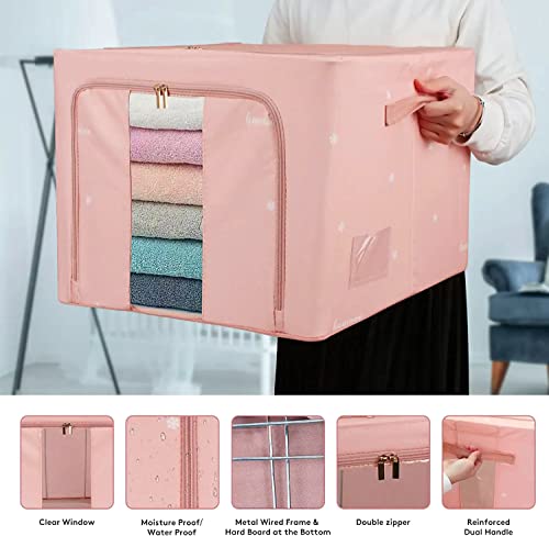 Clothes Storage Bag Organizer,2 Packs 19.7" x 15.7" x 12.9" Large Capacity Clear Window Fabric Storage Bins with Dual Handles for Bedroom, Nursery, Office, Furniture Units,Foldable with Sturdy Zipper(Pink,66L)