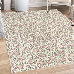 Lunarable Flower Decorative Area Rug, Roses Rosebuds Leaves Bouquet Flower Arrangements Bridal Victorian Style, Quality Carpet for Bedroom Dorm Living Room, 4' X 5' 5", White Pink Green