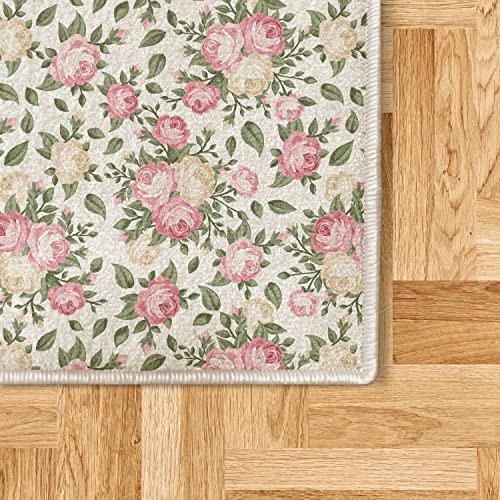 Lunarable Flower Decorative Area Rug, Roses Rosebuds Leaves Bouquet Flower Arrangements Bridal Victorian Style, Quality Carpet for Bedroom Dorm Living Room, 4' X 5' 5", White Pink Green