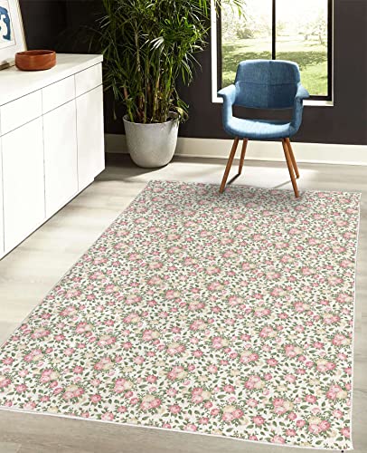 Lunarable Flower Decorative Area Rug, Roses Rosebuds Leaves Bouquet Flower Arrangements Bridal Victorian Style, Quality Carpet for Bedroom Dorm Living Room, 4' X 5' 5", White Pink Green