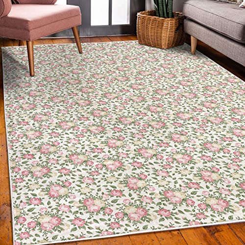 Lunarable Flower Decorative Area Rug, Roses Rosebuds Leaves Bouquet Flower Arrangements Bridal Victorian Style, Quality Carpet for Bedroom Dorm Living Room, 4' X 5' 5", White Pink Green