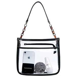 KKXIU Fashion Clear Crossbody Purse for Women and Teen Girls Stadium Approved PU Leather Concert Bag with Adjustable Strap (Black)