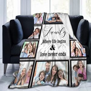 hyhsjy personalized blanket with family member photos, add 10 photos， where life begins and love never ends,throws fuzzy blanket gifts for family lovers friends couples gifts valentine’s mother’s