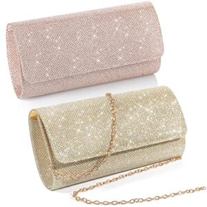kajaia 2 pieces evening formal purses for women shiny clutch purses glitter handbags with chain envelope purses for wedding party (gold, rose gold)