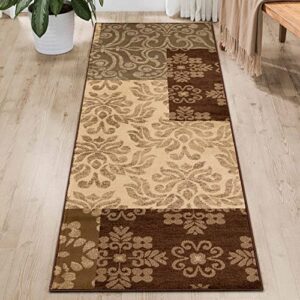superior indoor 2′ 7″ x 8 runner rug with jute backing, modern home decor for hallway, living room, entryway, bedroom – floor cover on tile & carpet, floral medallion geometric pattern, beige