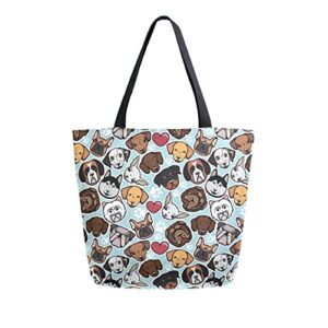 alaza doodle dog print cute animal large canvas tote bag shopping shoulder handbag with small zippered pocket