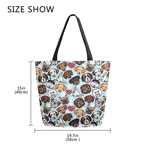 ALAZA Doodle Dog Print Cute Animal Large Canvas Tote Bag Shopping Shoulder Handbag with Small Zippered Pocket