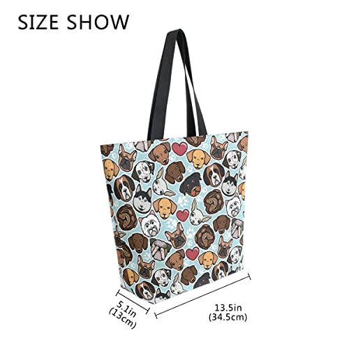 ALAZA Doodle Dog Print Cute Animal Large Canvas Tote Bag Shopping Shoulder Handbag with Small Zippered Pocket