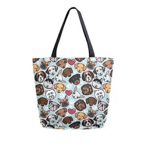 ALAZA Doodle Dog Print Cute Animal Large Canvas Tote Bag Shopping Shoulder Handbag with Small Zippered Pocket