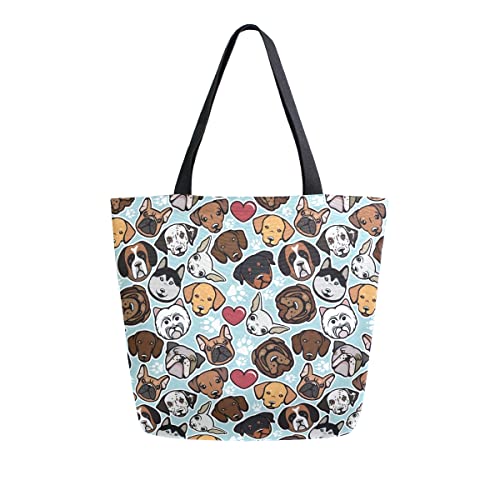 ALAZA Doodle Dog Print Cute Animal Large Canvas Tote Bag Shopping Shoulder Handbag with Small Zippered Pocket