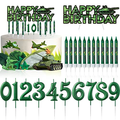 23 Pcs Army Birthday Supplies Camo Party Supplies, Include 12 Camo Print Birthday Cake Candles, 10 Numeral Birthday Candles and Tank Happy Birthday Cake Topper for Kids Birthday Army Party Favors