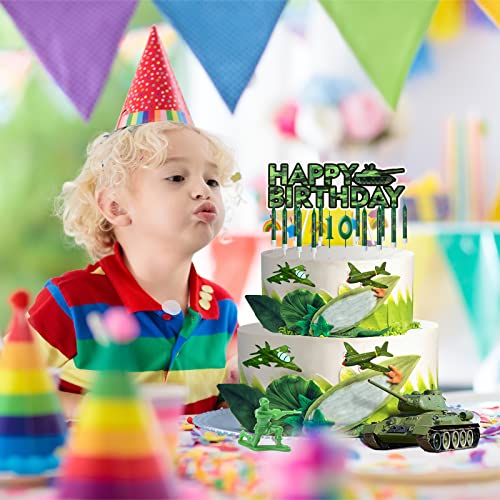 23 Pcs Army Birthday Supplies Camo Party Supplies, Include 12 Camo Print Birthday Cake Candles, 10 Numeral Birthday Candles and Tank Happy Birthday Cake Topper for Kids Birthday Army Party Favors