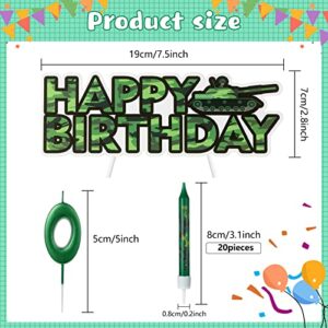 23 Pcs Army Birthday Supplies Camo Party Supplies, Include 12 Camo Print Birthday Cake Candles, 10 Numeral Birthday Candles and Tank Happy Birthday Cake Topper for Kids Birthday Army Party Favors