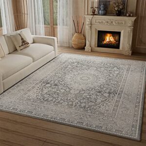 traditional-area-rug-carpet-8′ x 10’，distressed oriental rug-vintage paisley floral area rugs-machine washable rugs for living room bedroom dorm dining playroom, grey