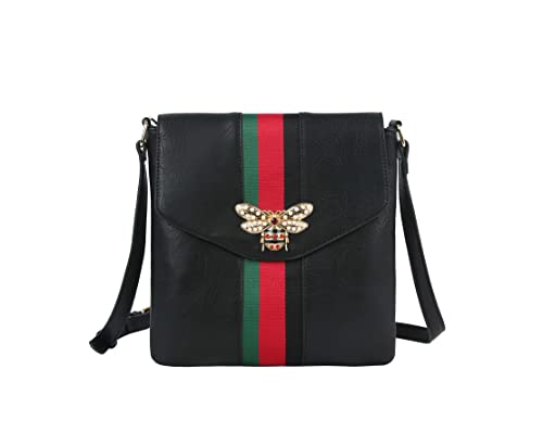 Handbag Republic Fashion Bee Crossbody Multi Color Stripe Messenger Vegan Leather Purse for Women (Black)