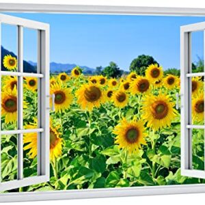 wall26 Canvas Print Wall Art Window View Neon Sunflower Botanical Floral Field Wilderness Nature Photography Realism Scenic Landscape Colorful Multicolor for Living Room, Bedroom, Office - 24"x36"