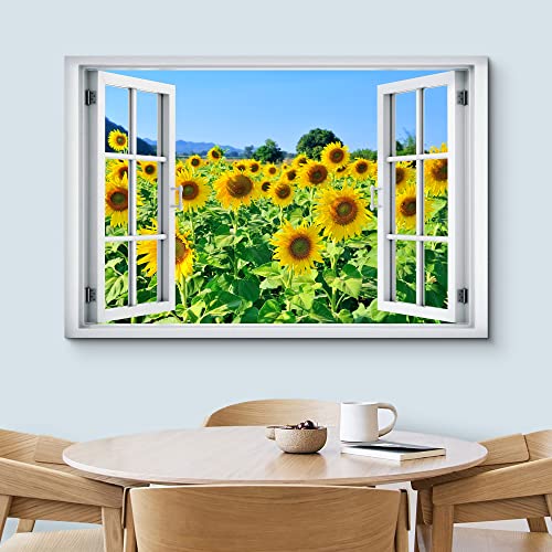 wall26 Canvas Print Wall Art Window View Neon Sunflower Botanical Floral Field Wilderness Nature Photography Realism Scenic Landscape Colorful Multicolor for Living Room, Bedroom, Office - 24"x36"