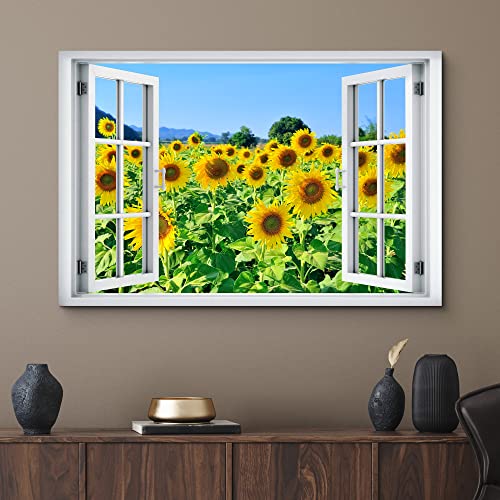 wall26 Canvas Print Wall Art Window View Neon Sunflower Botanical Floral Field Wilderness Nature Photography Realism Scenic Landscape Colorful Multicolor for Living Room, Bedroom, Office - 24"x36"