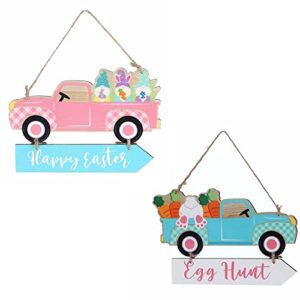 Kylo's Korner 2 Pack Happy Easter Hanging Wooden Signs Egg Hunt Decorations Ornament Wall Plaque Party Door Hanger Bunny Truck Pink and Blue, 18CM Length 12CM Height