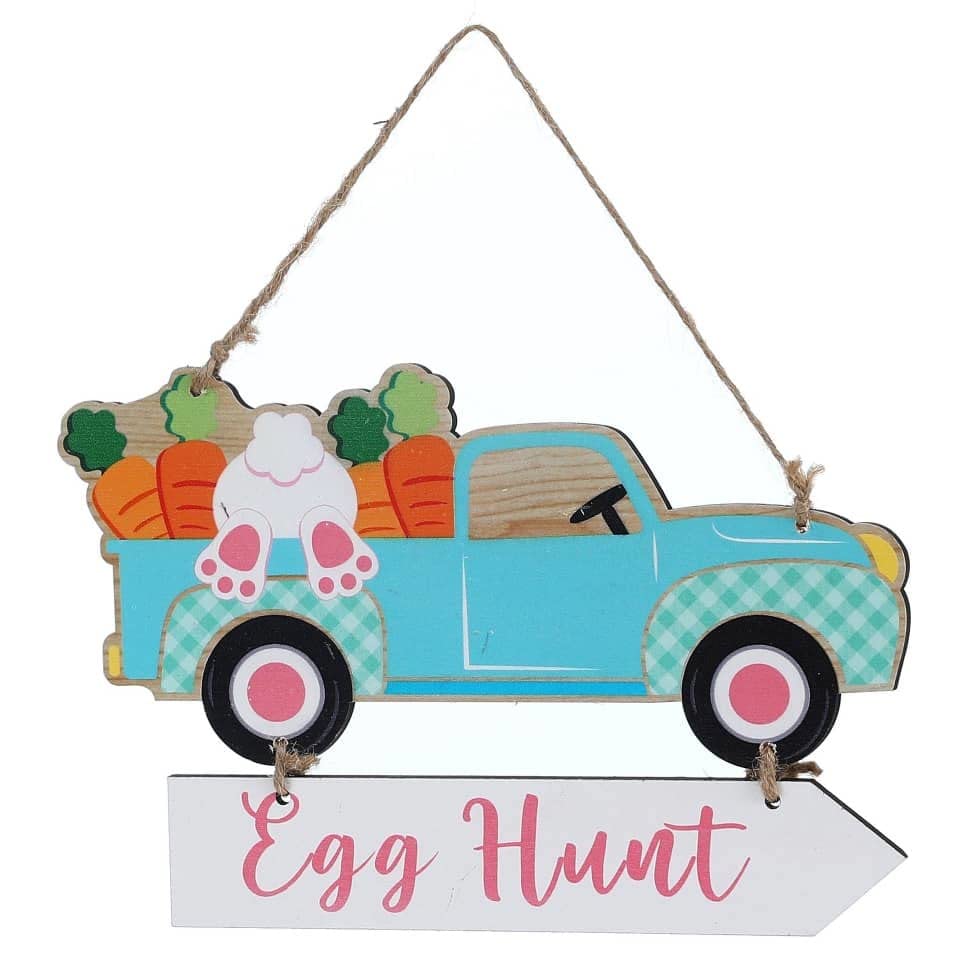 Kylo's Korner 2 Pack Happy Easter Hanging Wooden Signs Egg Hunt Decorations Ornament Wall Plaque Party Door Hanger Bunny Truck Pink and Blue, 18CM Length 12CM Height