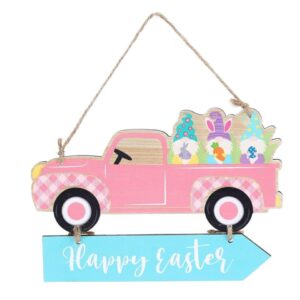 Kylo's Korner 2 Pack Happy Easter Hanging Wooden Signs Egg Hunt Decorations Ornament Wall Plaque Party Door Hanger Bunny Truck Pink and Blue, 18CM Length 12CM Height