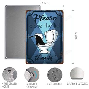 QiCHo Funny Bathroom Signs Vintage Toilet Rules Metal Tin sign 12 by 8 inches - Please close the lid | Restroom Washroom Wall Decor