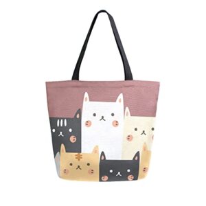 ALAZA Cut Cat Kitten Print Kawaii Large Canvas Tote Bag Shopping Shoulder Handbag with Small Zippered Pocket