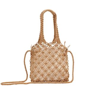 jbr straw crossbody bag cotton rope leisure beach bag fishing net handbag woven shoulder bag for women girls purse, khaki