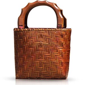 qtkj straw bag for women, summer beach handmade rattan tote bag, round wooden handle, boho retro straw woven handbag, large capacity beach bag for vacation daily